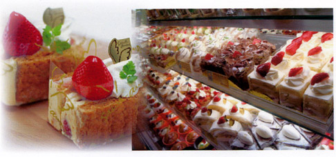 絶妙の味のミルフィーユ（左）と数多くの種類のケーキが並ぶ店頭